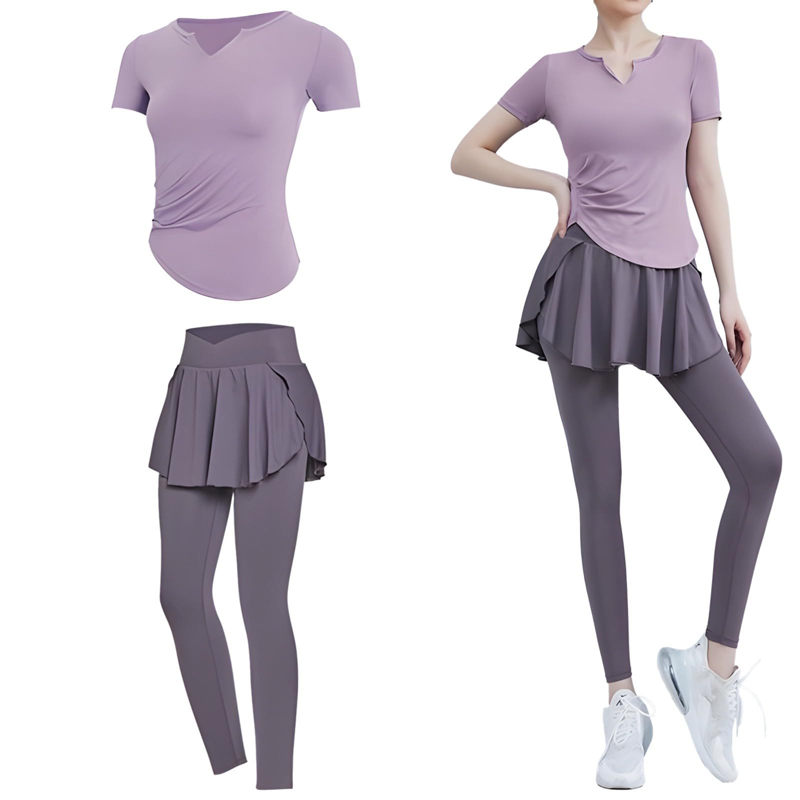 2-teiliges Damen-Fitness-Set in XL, kurzärmeliges Oberteil mit V-Ausschnitt und Leggings mit hoher Taille für Pilates und Yoga, atmungsaktives Spandex-Poly-Material, violett, Einheitsgröße