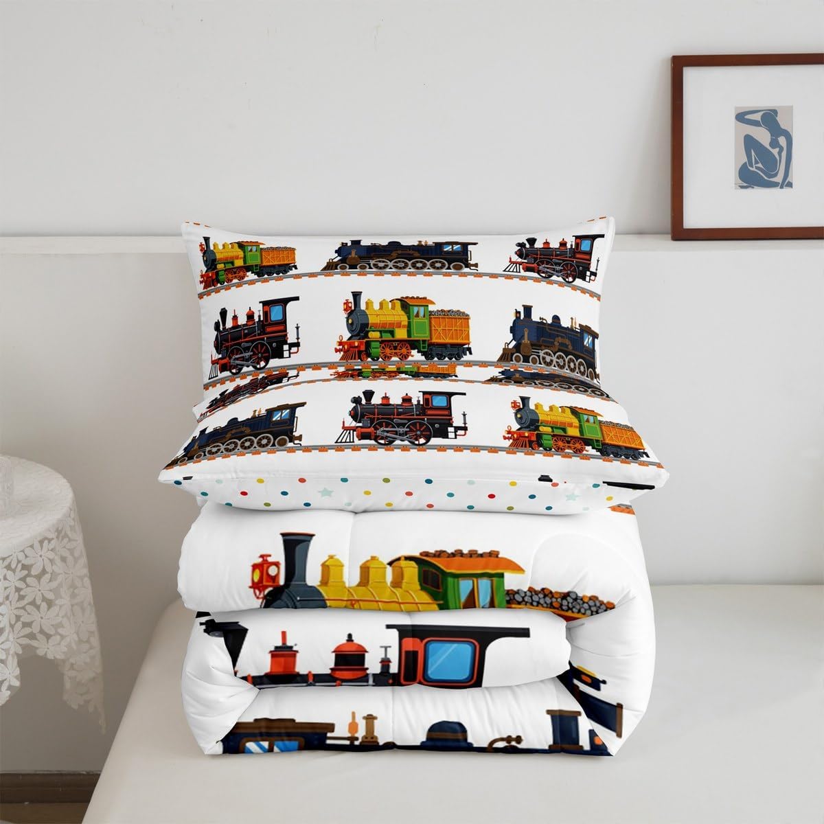 Cartoon Train Kids Full Comforter Sets,Colorful Steam Engine Reversible Bedding Set for Boys Teens Children,Cartoon Car Cute Vehicle 3 PCS,Youth Train Track Duvet Insert,2 Pillow Cases