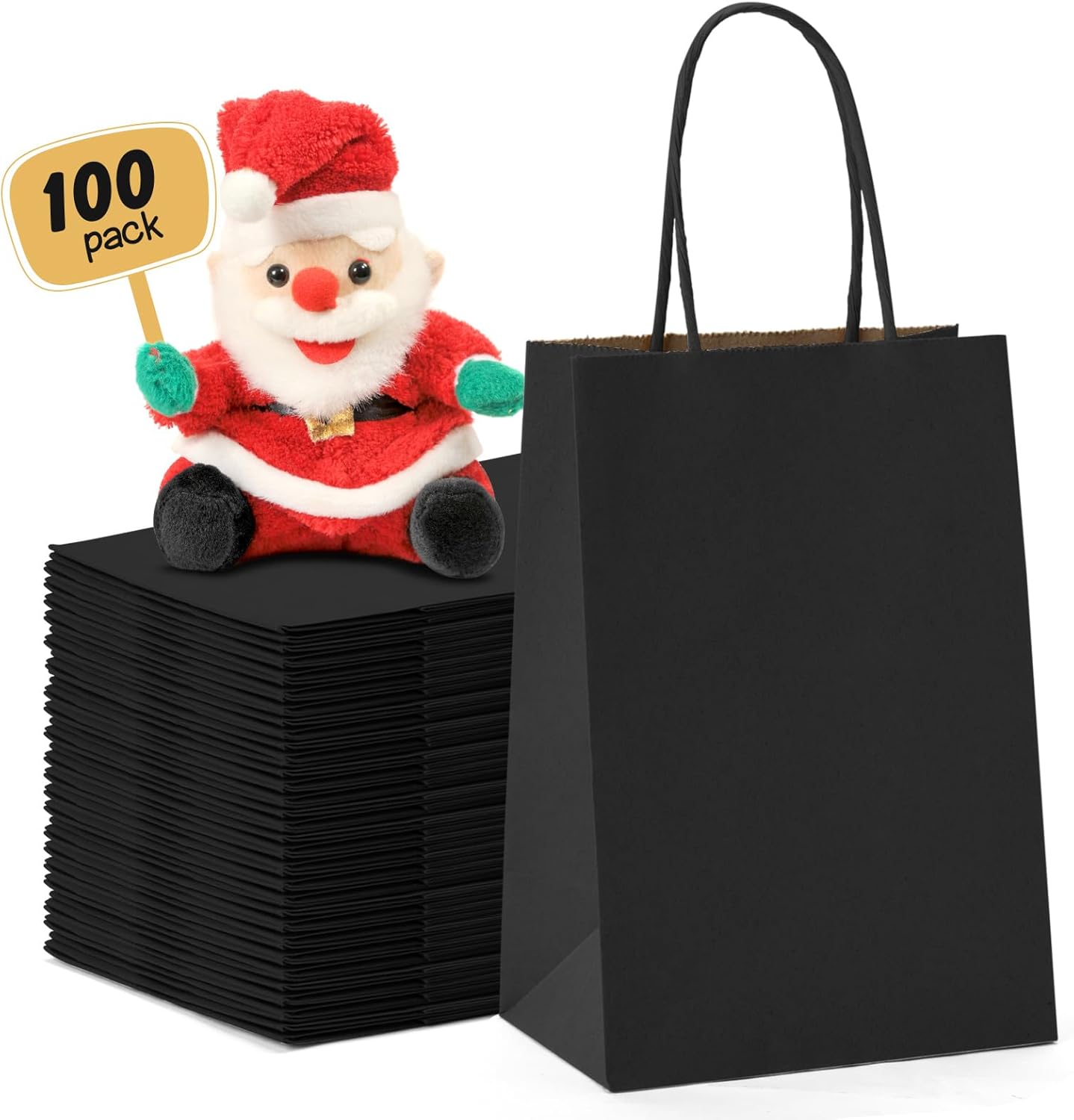 METRONIC Black Gift Bags 5.25x3.75x8 100 Pack, Kraft Paper Bag Bulk with Handles, Small Shopping Bags for Business Party Favors Retail Birthday Grocery Takeout Bag