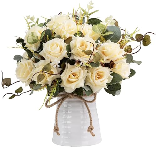 LESING Rosa artificial con jarrón, ramos de flores de seda falsas en jarrón, arreglo de centro de mesa para cocina, sala de estar (champán-1)
