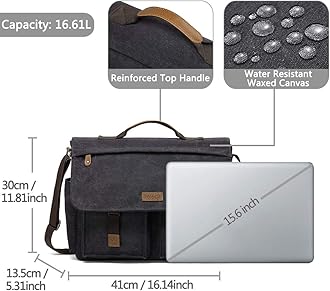 Messenger Bag for Men,VASCHY Vintage Water Resistant Canvas Satchel 14 15.6 17inch Laptop Briefcase