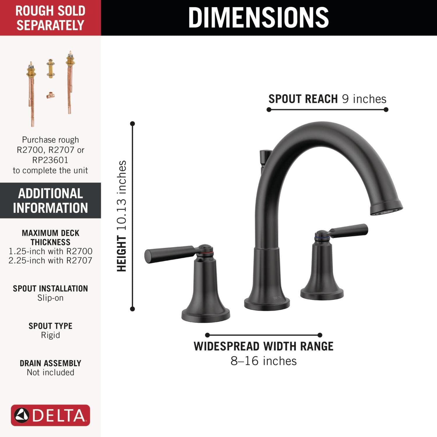 Dimensions diagram for Delta Saylor Roman Tub Faucet