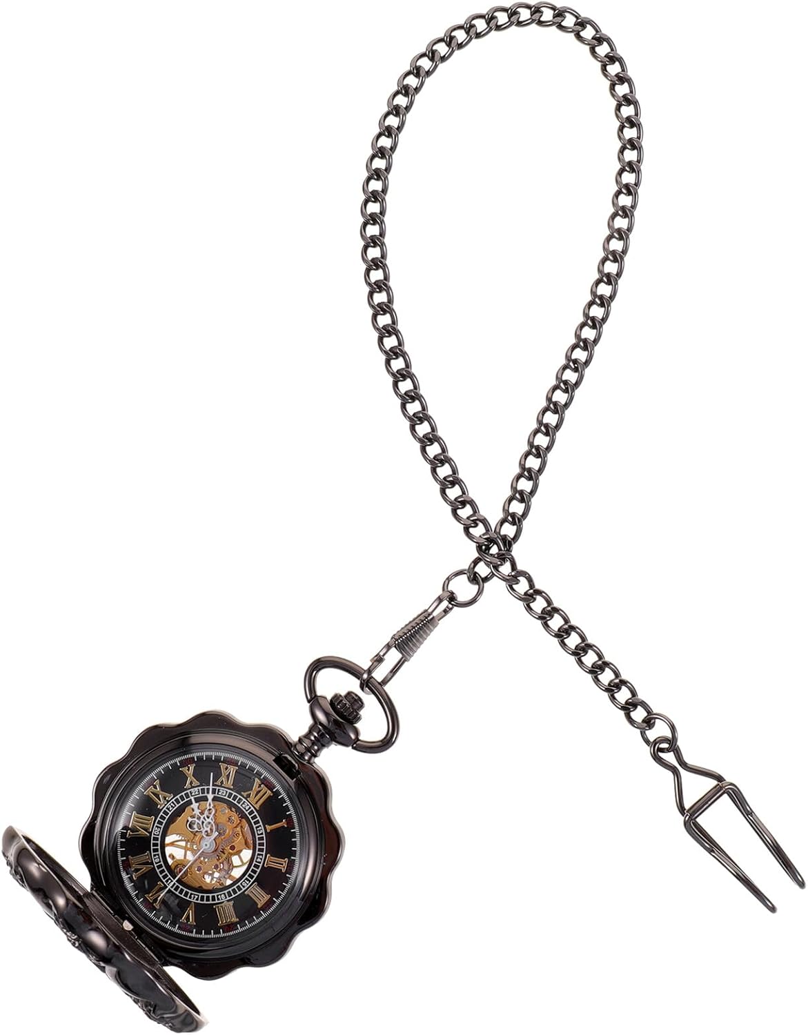 Operitacx Vintage Pumpkin-Shaped Mechanical Pocket Watch with Hollow Clamshell Cover, Roman Numerals Dial, Black Retro Style Hanging Watch for Men, Antique Timepiece for Daily Wear