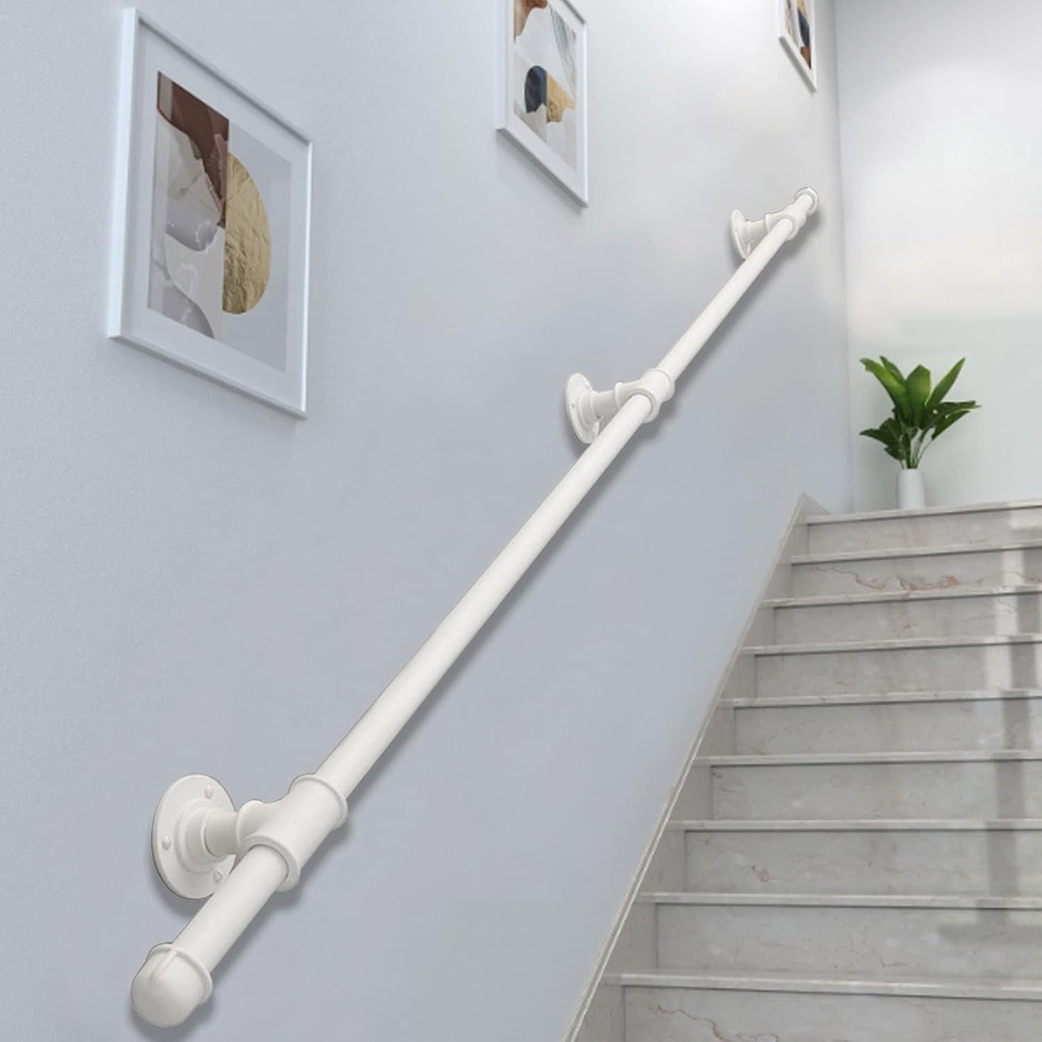 MObyat Stairs Handrail Banister Complete Bracket Kit White Metal Wrought Iron Staircase Hand Rail for Indoor Outdoor Safety Non-Slip Support Rod for Disabled Elderly/6Ft/180Cm