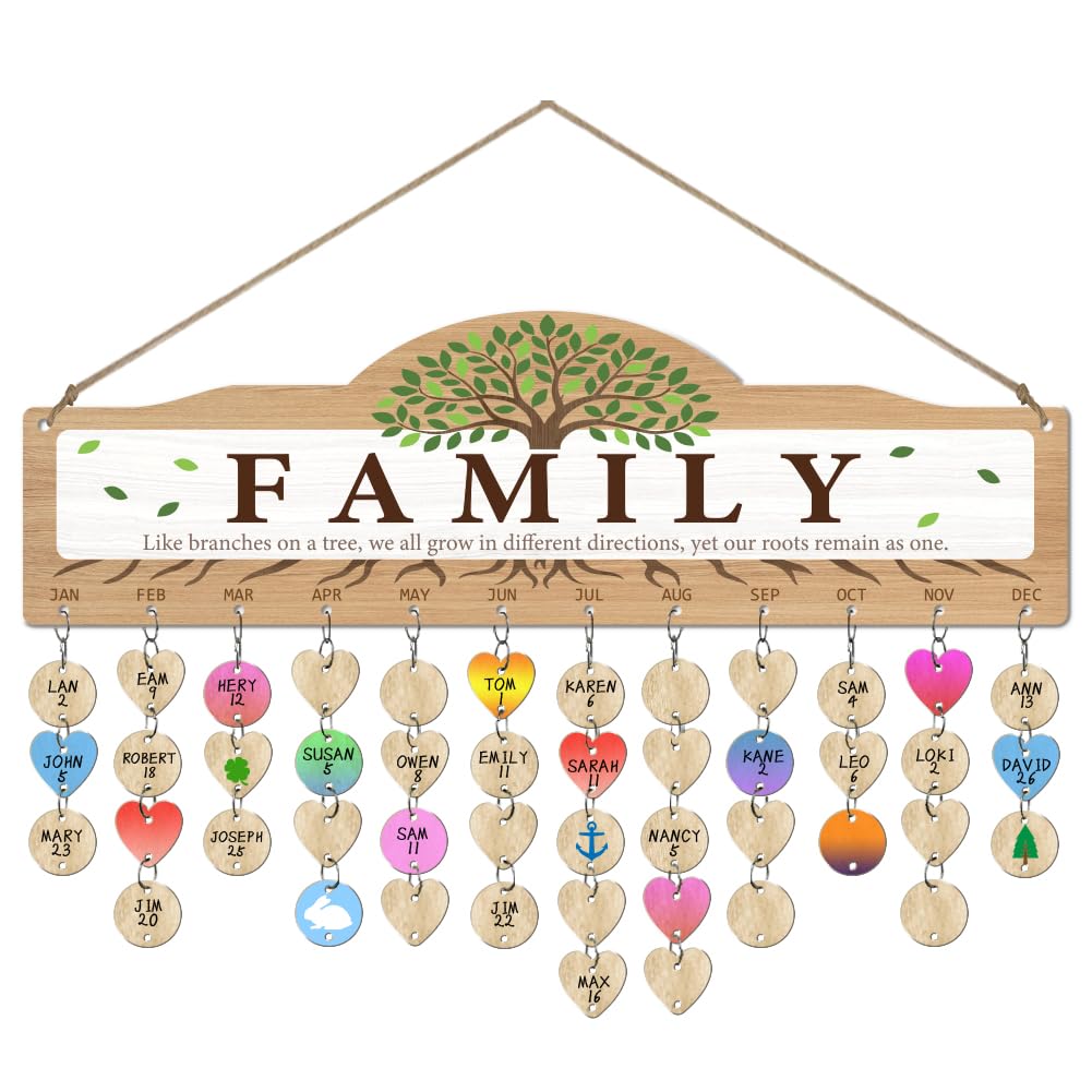 arricraft Wooden Birthday Reminder Calendar, 40x12cm/15.7"x4.7" Family Tree Pattern Birthday Anniversary Reminder Wood Plaque with 100pcs Wood Tags for DIY Birthday Tracker Family Wall Decor