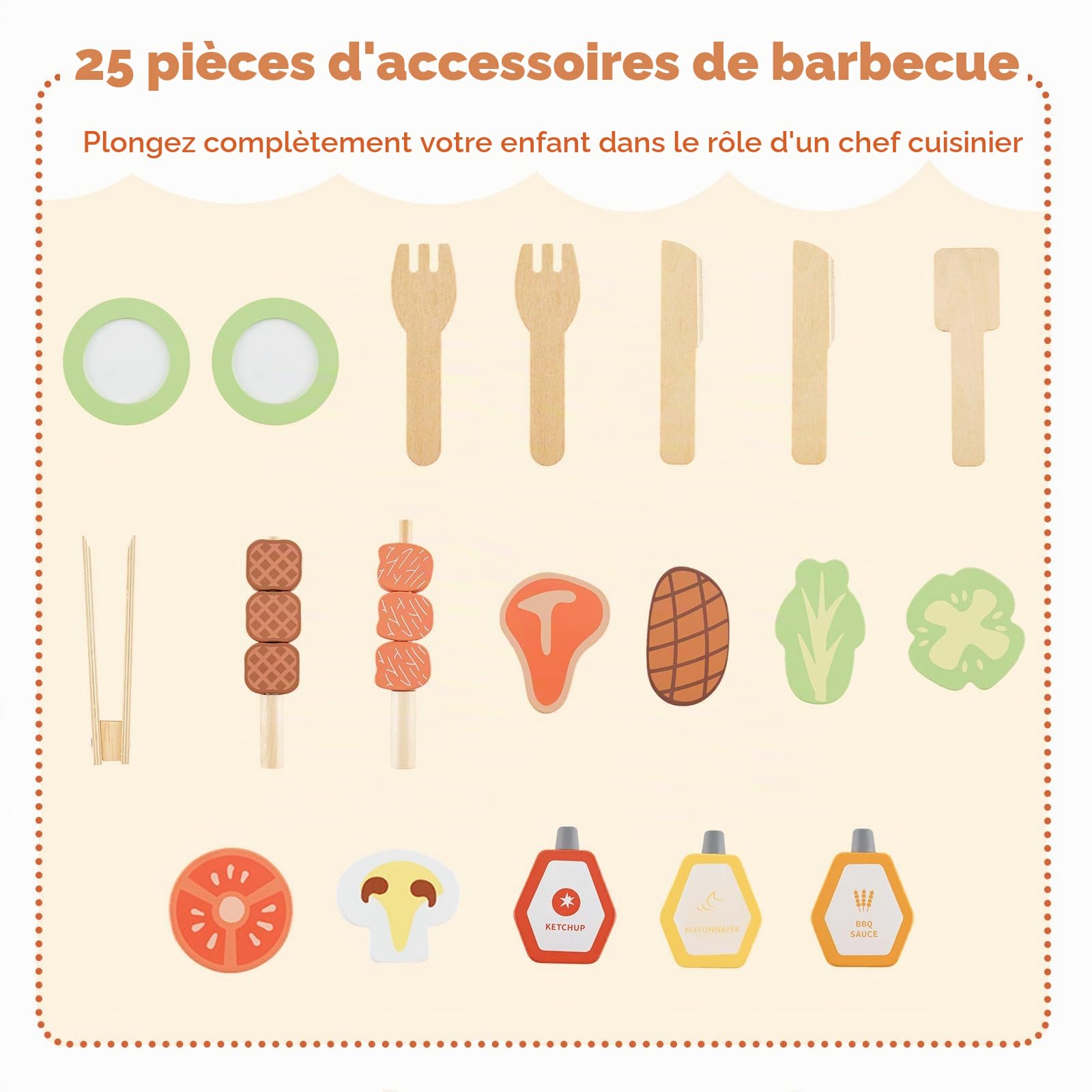 HOMASIS Cuisine extérieure pour Enfants avec Barbecue, Table, évier, Cuisine Jouet avec 27 Accessoires, Ensemble Jouet en Bois de Sapin