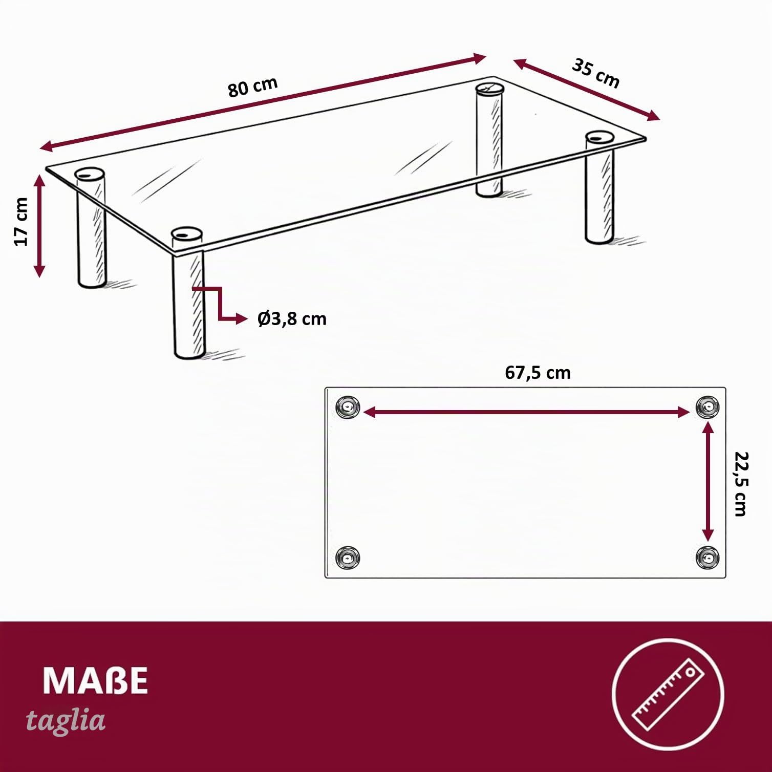 Euro Tische Mobile TV in vetro trasparente, 80 cm, 3 diverse misure e colori, ideale come mobile TV o supporto per schermo
