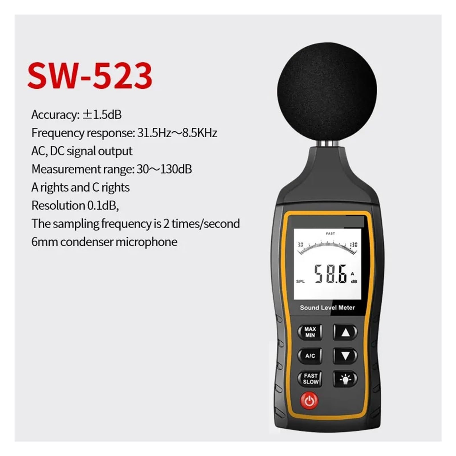 Medidor de decibelios, SW-523/524 Medidor de nivel sonido portátil Digital Sonómetros DB mano Ruido 30-130dB Monitor decibelios(SW-523)