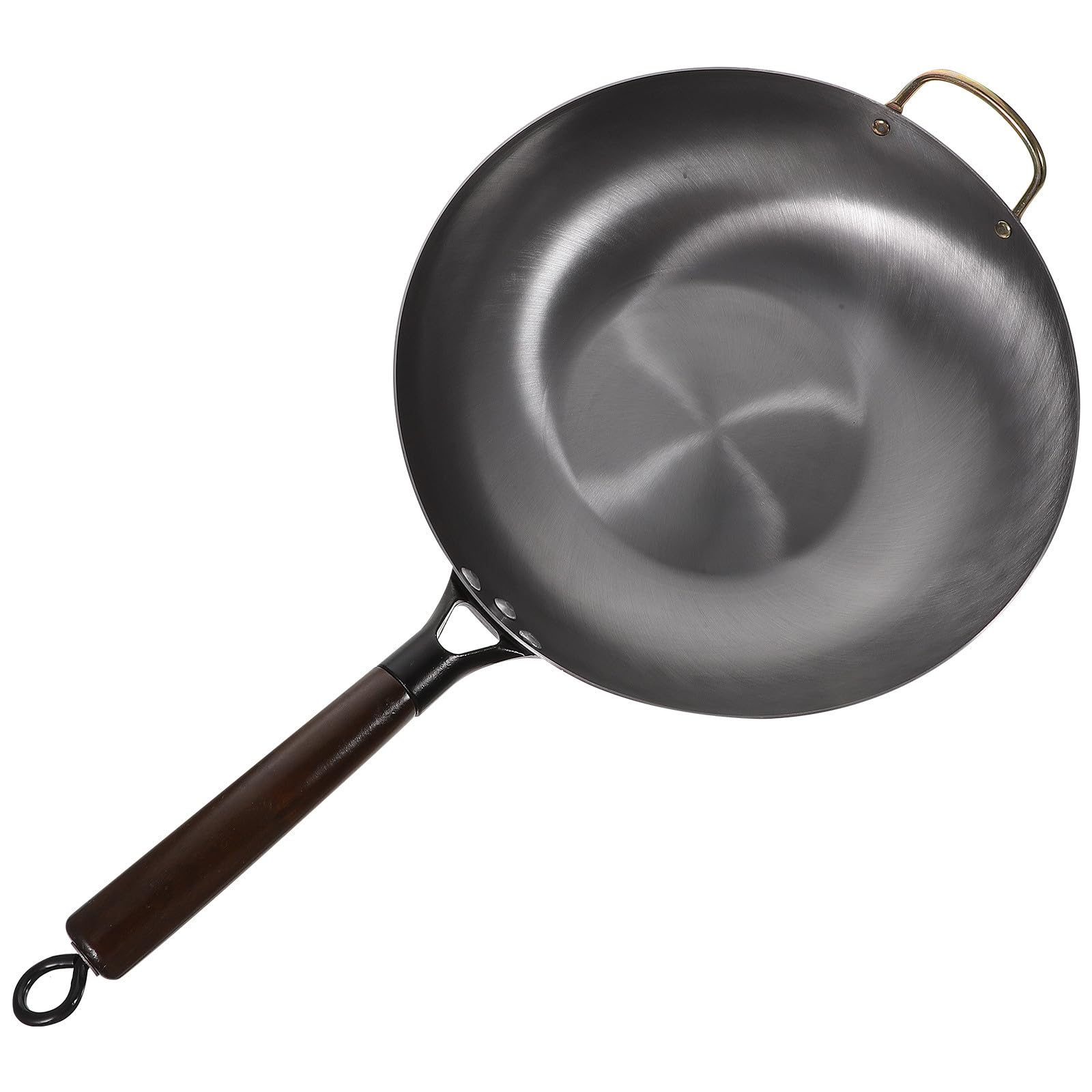 Sartén Wok de Hierro Negro Mango de Madera, Fondo Plano