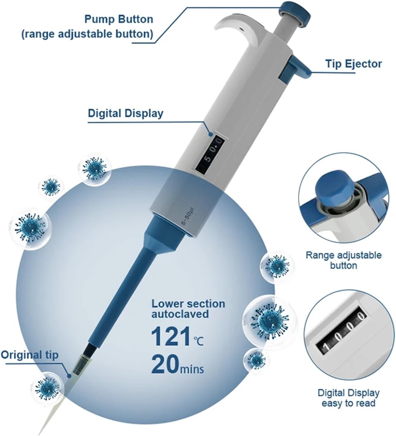 Lab Pipettors, Pipette Lab Automatic Digital Adjustable Plastic - Accurate Transfer for Chemistry Equipment(100-1000ul)