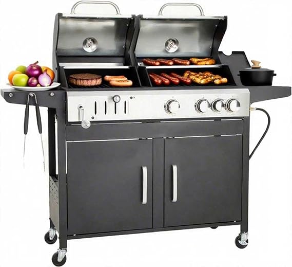Dual Fuel Outdoor Grill Combo with Porcelain-Enameled Grates - Flat Top Griddle & Charcoal Options for Backyard Cooking (Gas & Charcoal Grill Combo)