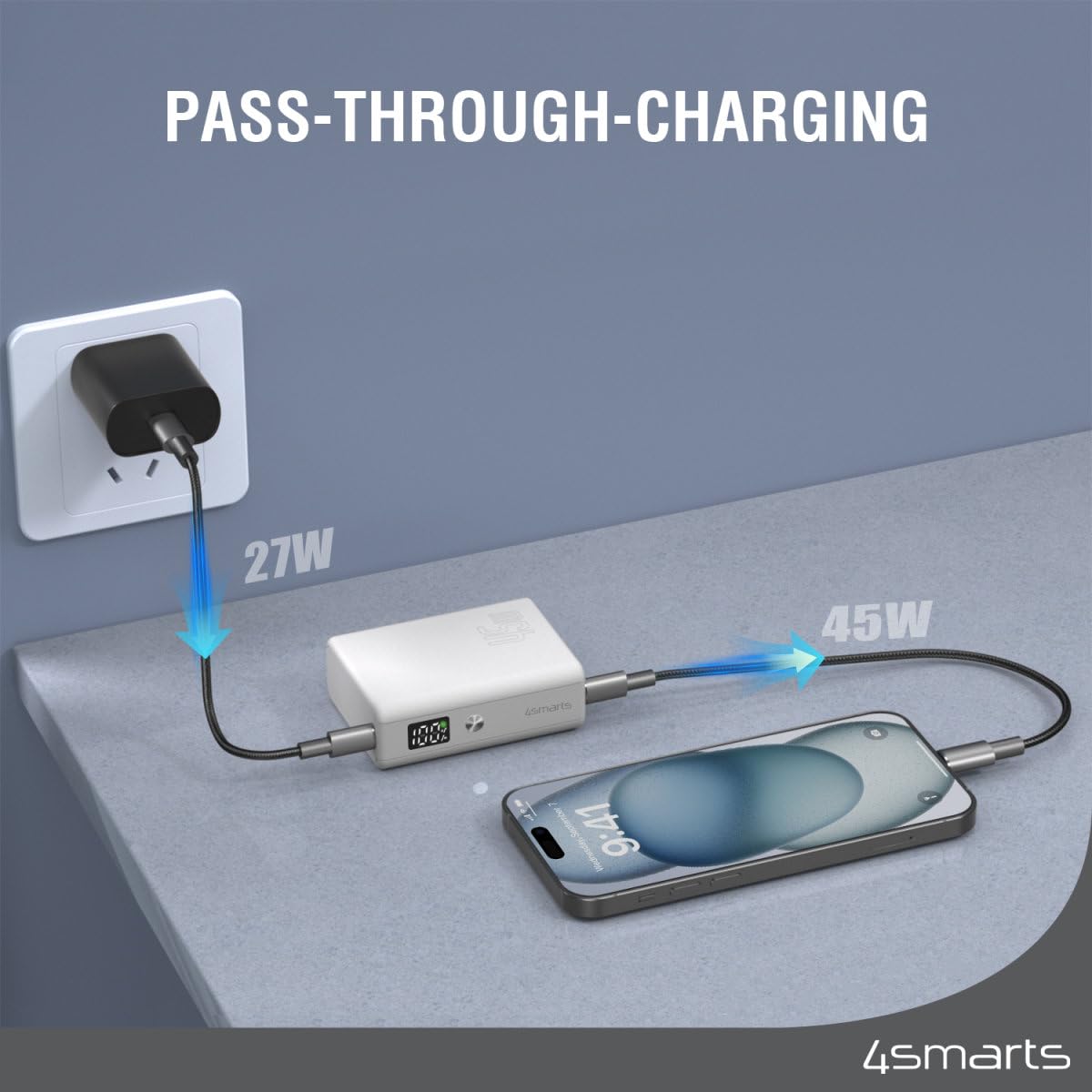 4smarts 45W Power Bank, Fast Portable 10000mAh Charger with Dual USB-C Ports, Compact Battery Pack for iPhone 15 Series, Samsung S24/23/22, iPad, MacBook, and More Devices, Black