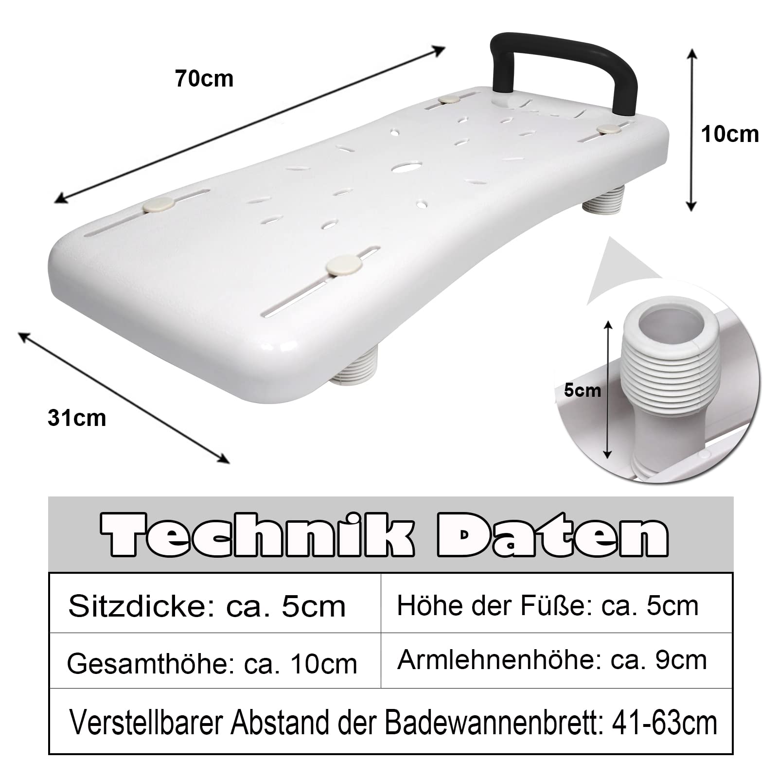 YRHome Planche de Bain pour Personnes Âgées et à Mobilité Réduite, Banc de Baignoire Adulte, Siège Baignoire Ergonomique, Poids Max 150kg, Siège Baignoire Avec Poignée Noire - 70 x 30 x 5 cm