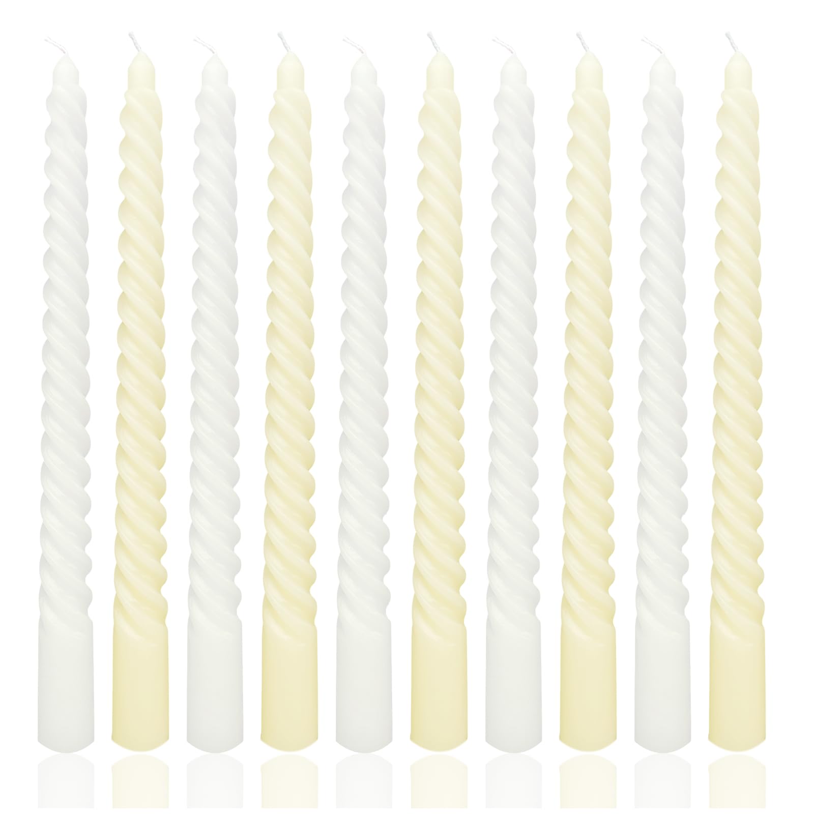 Photo 1 of 10 Inch White and Pale Yellow Spiral Taper Candle Set, 10 Pack Unscented Dripless Candlesticks for Dinner Baby Shower Party Brithday Wedding and Home Decoration