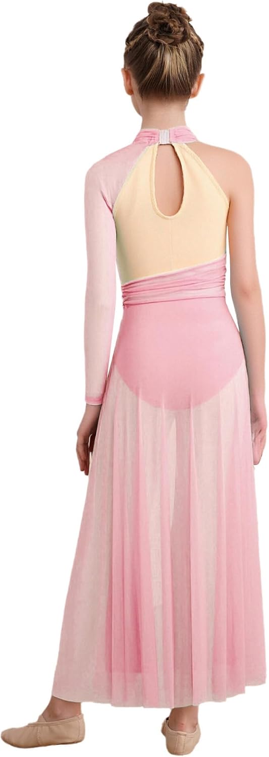 Linjinx Kids Girls One Shoulder Modern Lyrical Dance Dress Irregular Hem Ballet Leotard Dress Ballroom Dancewear