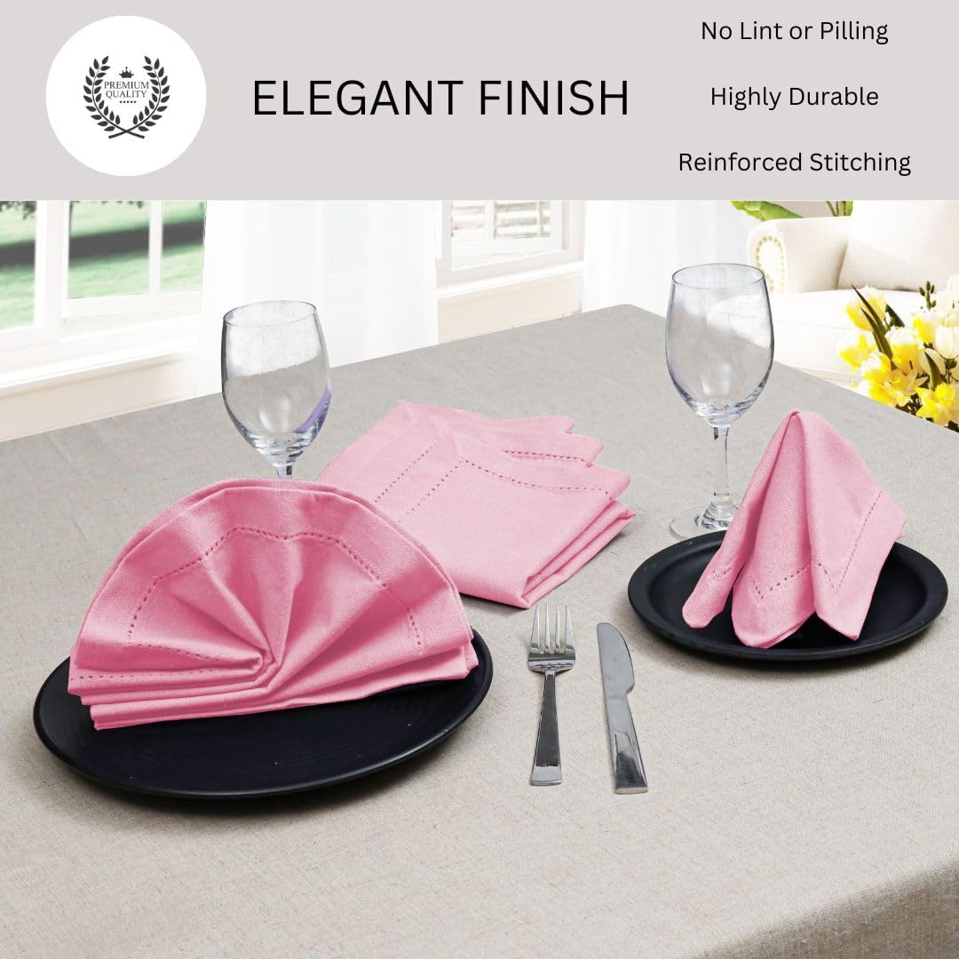 Hemstitch Dinner Napkins 100% Cotton Set of 12 - for Dining Special Occasions Weddings Parties Holidays Easter - Soft Durable Reusable - Elegant 18x18 Inch Table Cloth Napkins Baby Pink