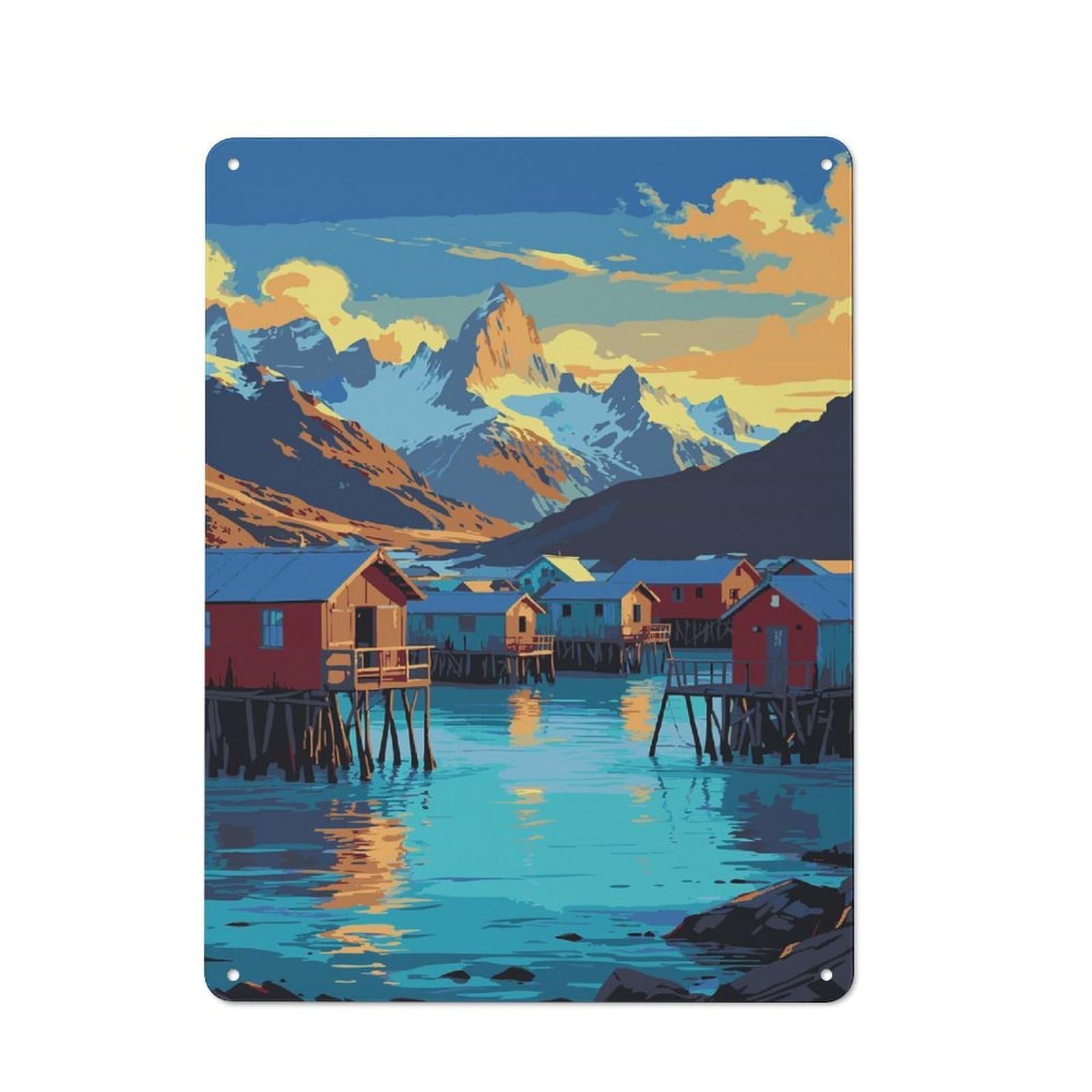 Modern Retro Metal Wall Art Sign 40x30cm Featuring Coastal Village with Mountain Backdrop, Urban Room Decor for Flat, Bar, Studio Or Gallery Wall