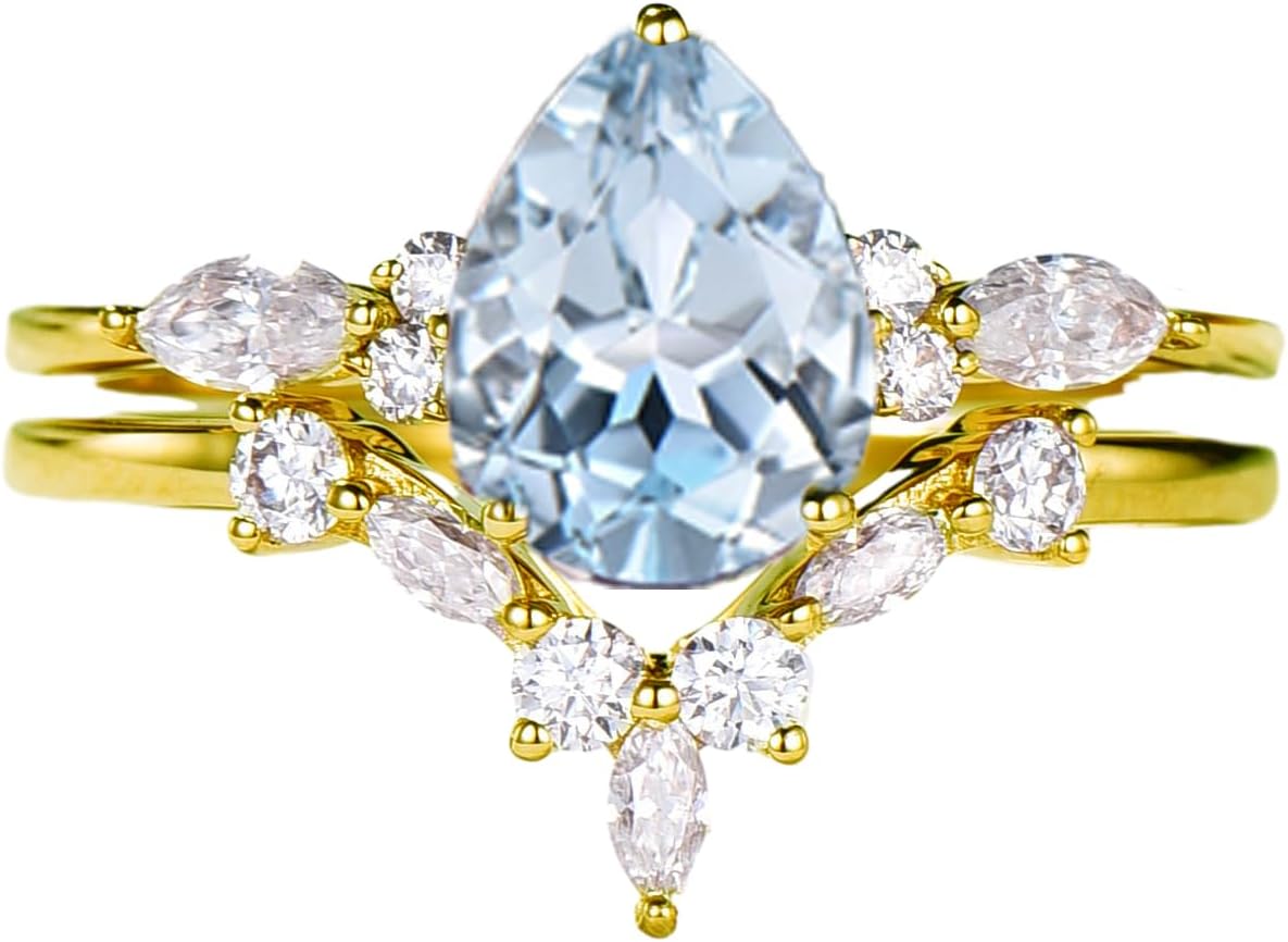 10K 14K 18K Gold Pear Cut Natural Aquamarine Engagement Rings Set, 1.0/2.0 Carat Center Aquamarine Moissanite Bridal Rings Set for Women Wedding Ring Set Anniversary Bands Set for Her Free Engraved