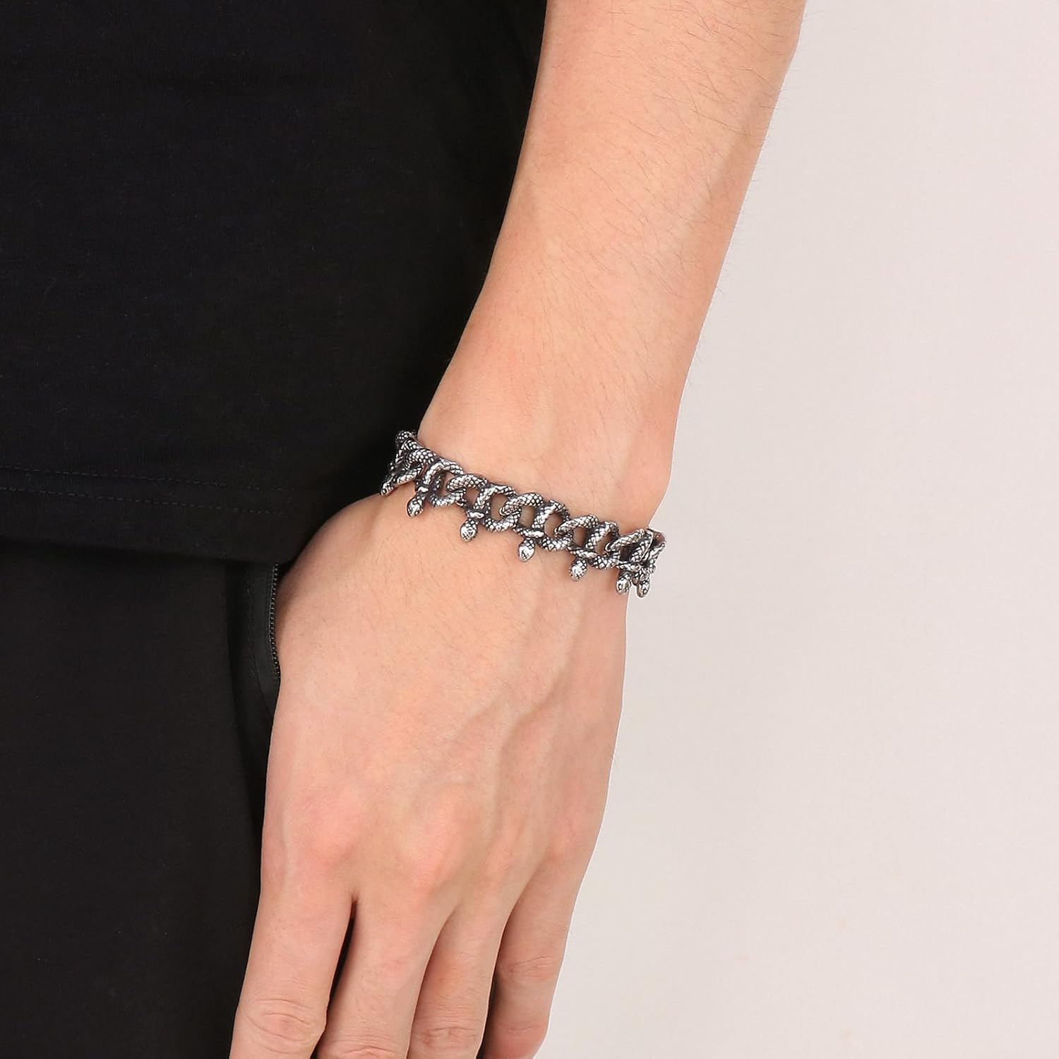 Stainless Steel Retro Snake Bracelet,Punk Vintage Link Chain Bracelet for Men Women Silver - Image 6