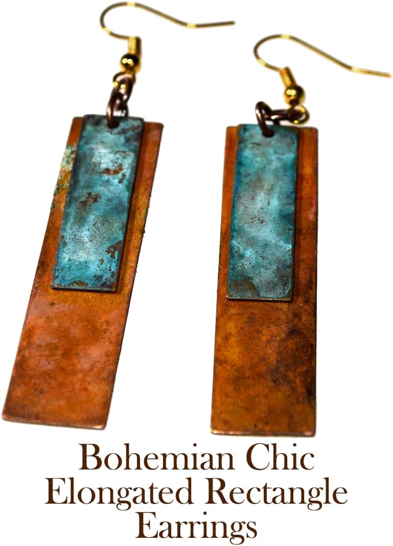 Elaine Coyne Verdigris and Earth Patina Bohemian Chic Elongated Rectangle Earrings
