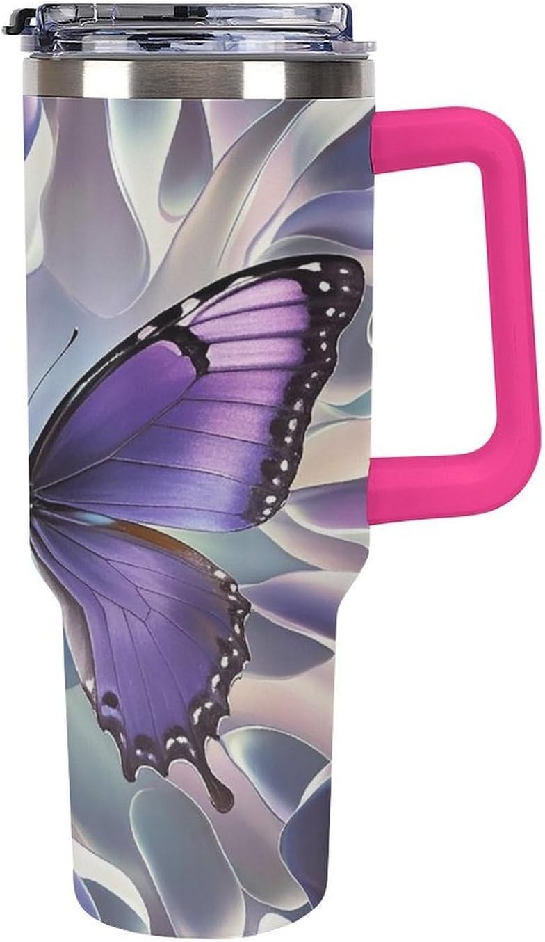 Beautiful Purple Butterfly Art Tumbler 40 Oz with Handle&Lid Large Car Cup Stainless Steel Vacuum Travel Mug Insulated Water Bottle Leak-proof Portable Coffee Cup for Home Car Outdoor