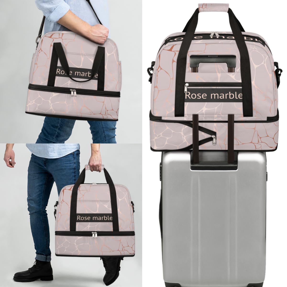 Bolsa de viaje plegable de mármol rosa, bolsa de fin de semana de mármol de 47 litros con funda de carrito de hombro separado para deportes, gimnasio, viajes, multicolor, 47L, Bolsa de viaje