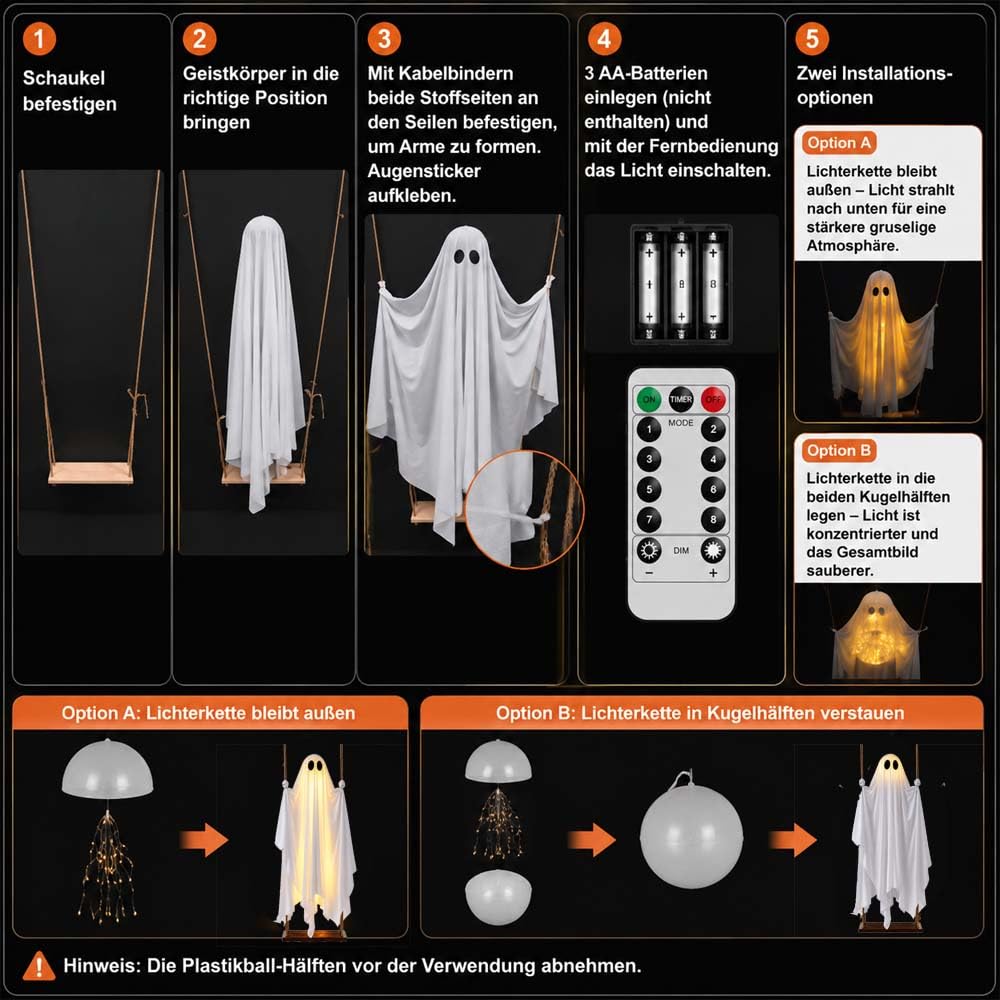 Swinging Ghost,Schaukelnder Geist,HäNgende Geister Auf Der Schaukel Mit Fernbedienung,Led-Geist FüR Halloween-Dekoration Innen Und AußEnbereich, Garten, Party (Mit Licht,Ohne Hut)