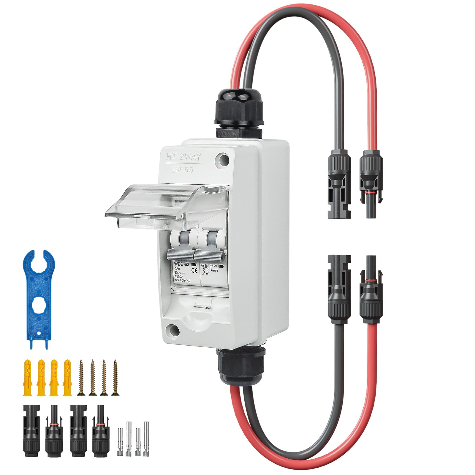PV Sicherungsautomat 2 Polig für PV Anlage,IP65 Wasserdicht Gehäuse Verteilerkästen,DC Trennschalter Leitungsschutzschalter mit Photovoltaik Kabel (30A DC500V)