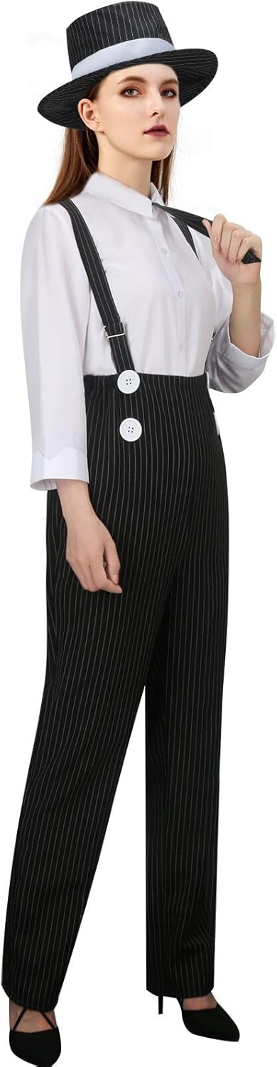 1920s Gangster Gatsby Costume Outfit for Adult Women Mobster Mafia Roaring 20s Halloween Cosplay Pinstripe Suit
