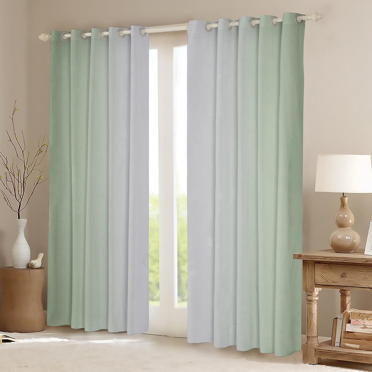 Homewish Greyish White and Sage Curtains for Bedroom,Rainbow Ombre Blackout Curtains Aesthetic Living Room Decor,Gradient Colorful Curtains & Drapes Abstract Window Curtain 2 Panels 46x54 - Image 3