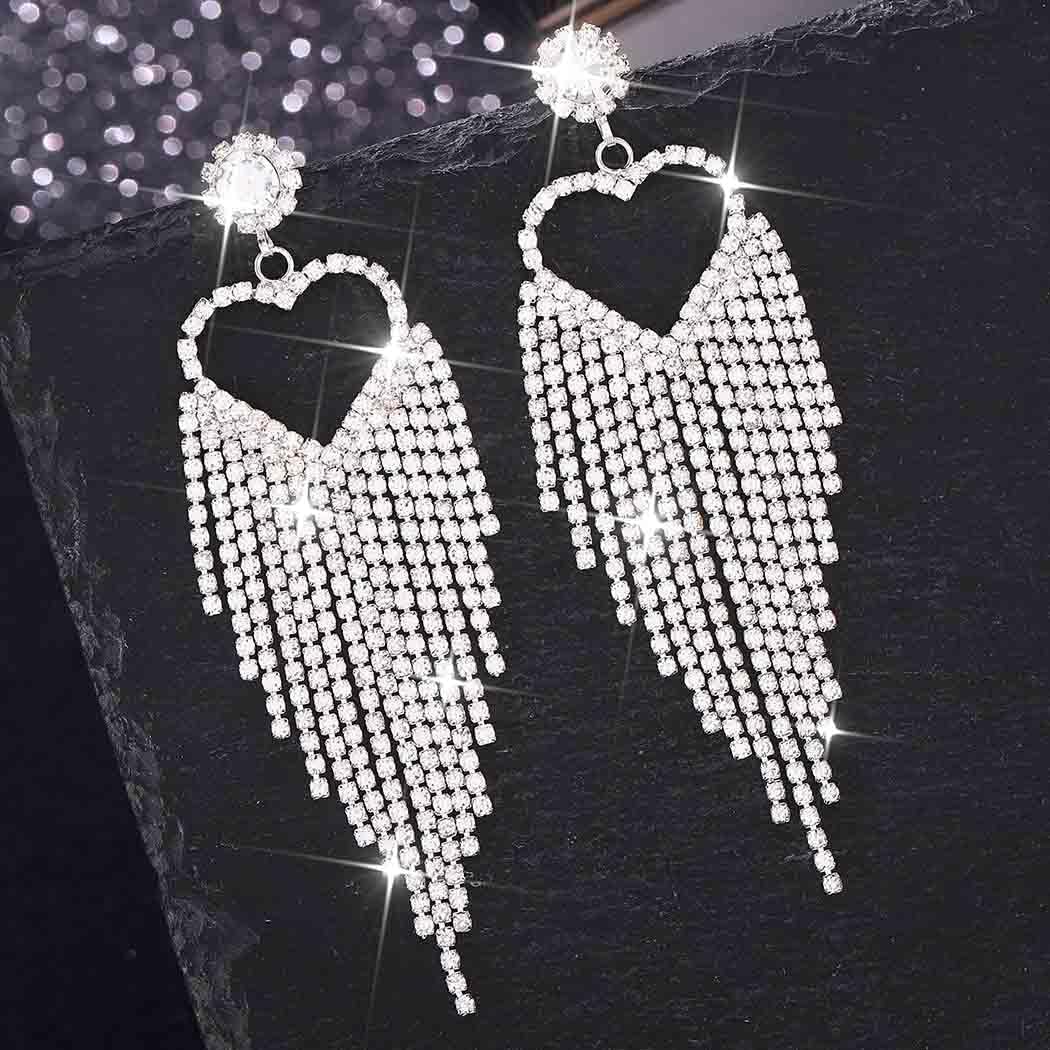 Catery Rhinestone Wedding Earrings Silver Tassel Bridal Earrings Dangling Prom Jewelry for Women - Image 6