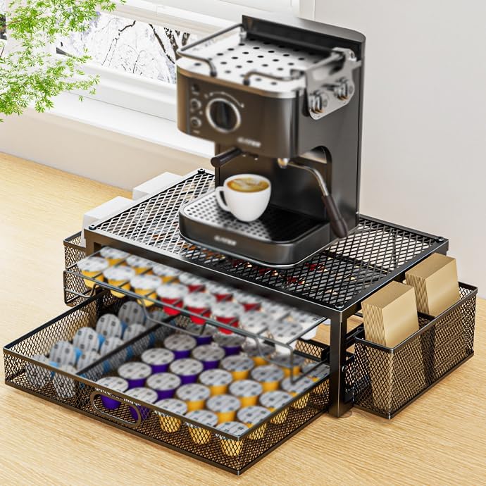 Coffee Station Organizer with Drawer - Metal Mesh Storage Box for Coffee Machine - Desktop Storage Rack for Coffee Accessories - Durable and Stylish Design