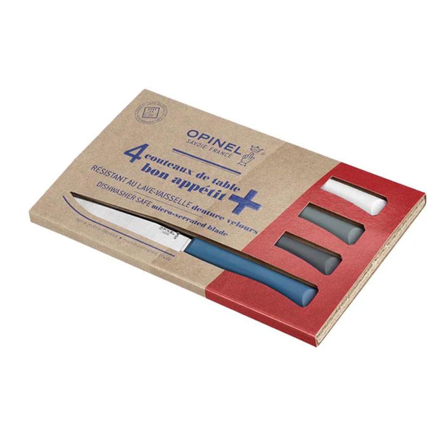 OPINEL - Set di 4 Coltelli da Tavola Bon Appétit + Tempête - Lama a Dente di Sable in Acciaio Inossidabile - Manico Confortevole - Fabbricazione in Francia - Blu Anatra/Antracite/Salvia/Nube