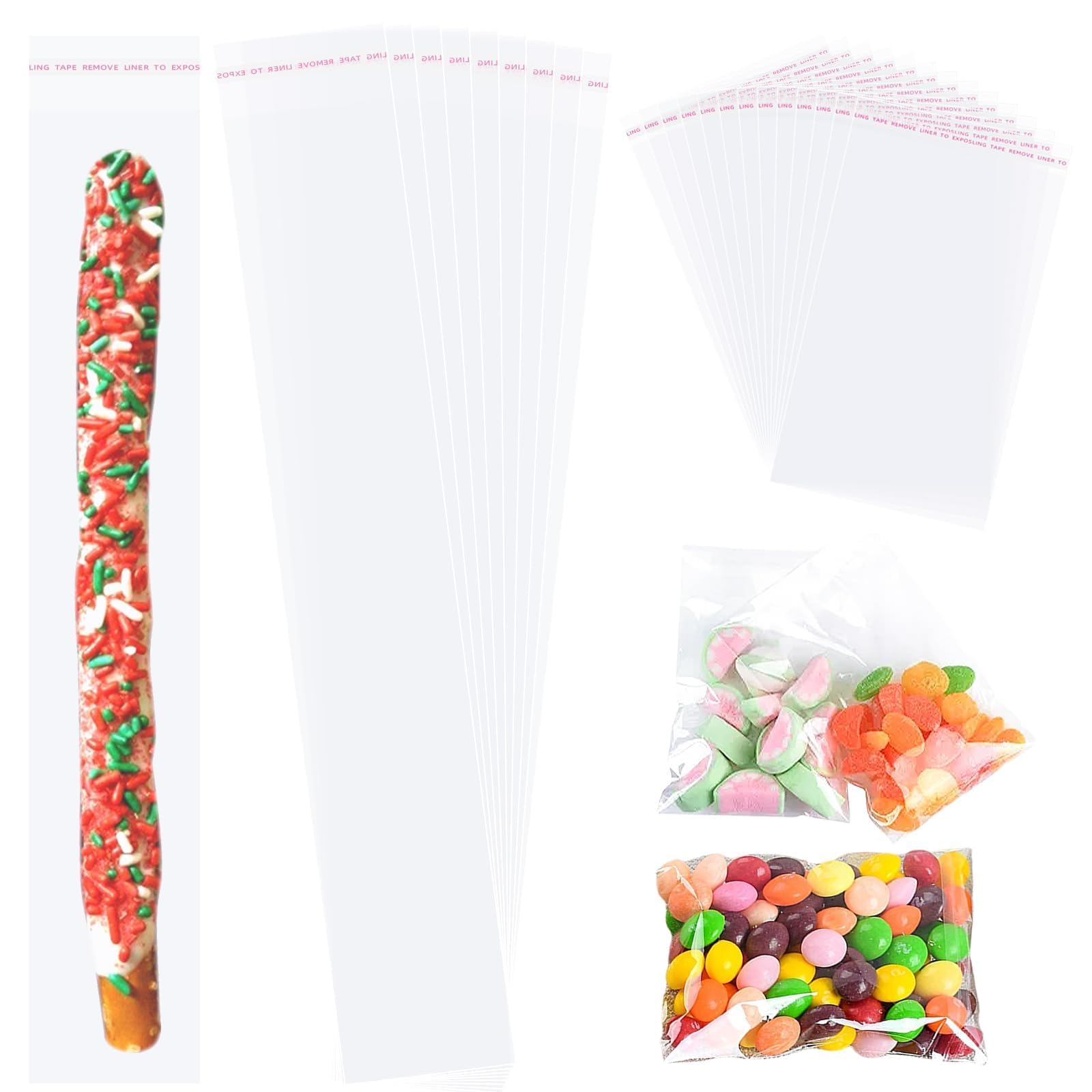 200PCS Clear Cellophane Bags, Self Sealing100PCS Pretzel Rod Bags (1.9"X10.6") and 100PCS Small Treat Bags (3.9"X5.9") for Clear Candy, Cookie & Goodie Bags, Clear Gift Bags for Party Favors, Bakerys