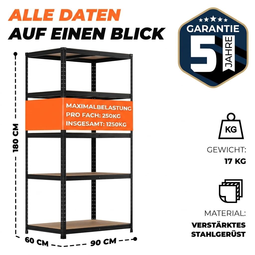 Premium Schwerlastregal 180x90x60 cm Schwarz 1250kg Traglast – stabiles Regal 90 cm breit & Schwerlastregal 60 cm tief, Regal 60 cm tief geeignet als kellerregal 60 tief, lagerregal 60cm tief