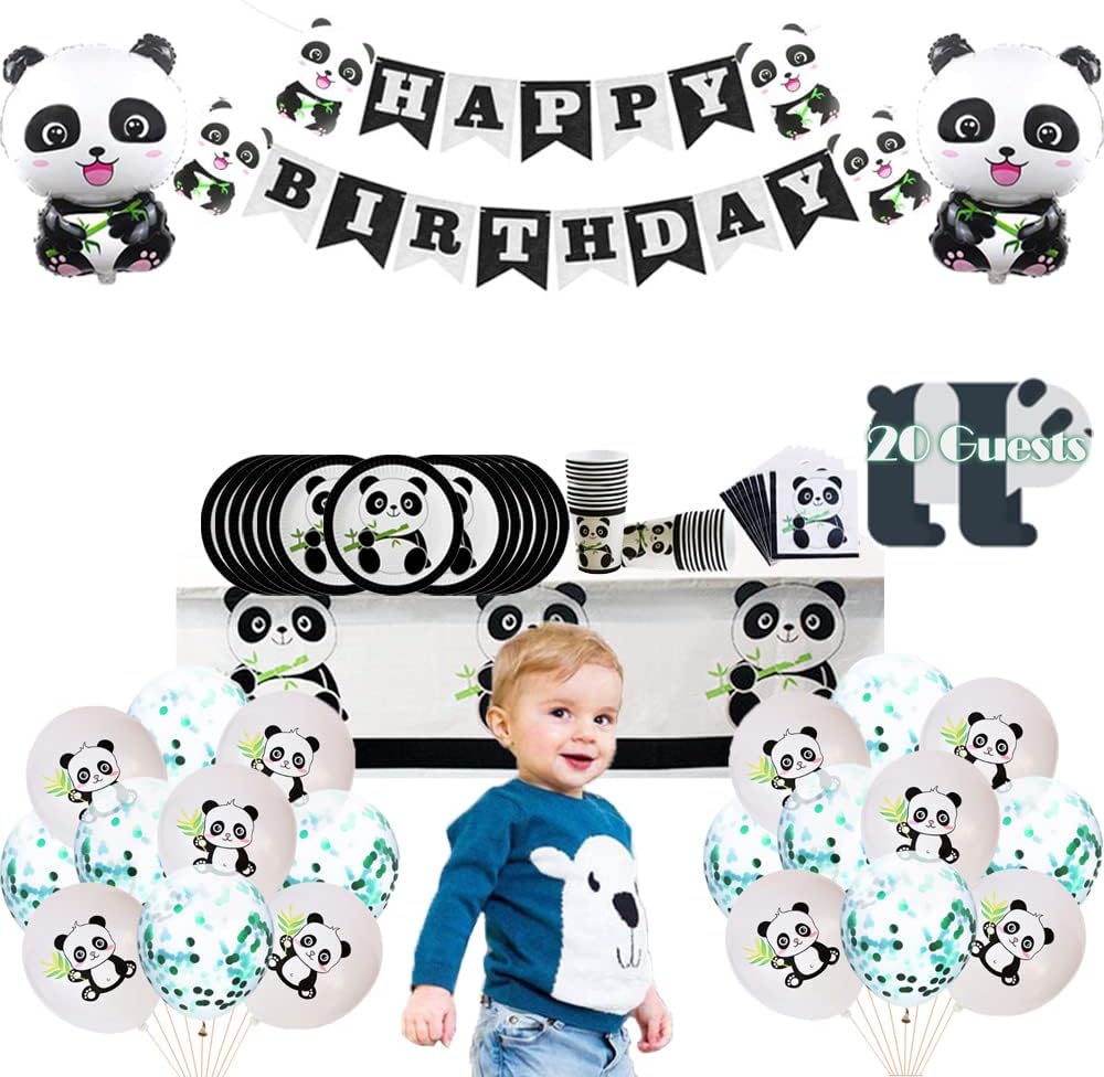 Panda Birthday Party Supplies, 20 Serves Panda Plates and Napkins, Panda Party Decorations with Happy Birthday Banner Balloons Panda Party Favor for Boys, Girls, Kids Birthday, Baby Shower