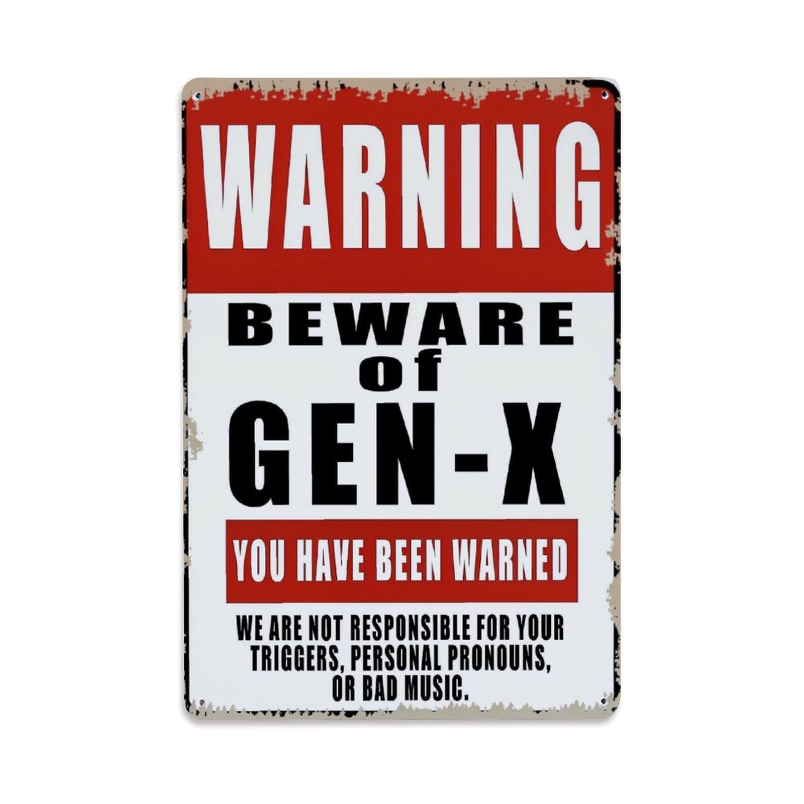 Jdfenggu Vintage Warning Beware Gen X Music Triggers Retro Metal Tin Sign, Decor Art Poster For Bar, Home, Man Cave, Kitchen, Laundry Room Gift 8X12inch