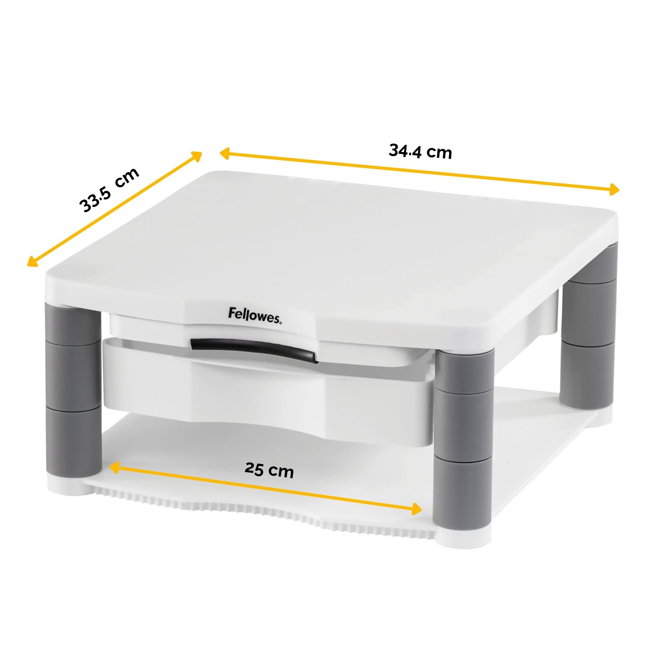 Fellowes Monitorständer Premium Plus, höhenverstellbar in 5 Stufen, ergonomisch, sehr stabil für Monitore bis 21 Zoll,, mit Schublade und Sichtfeld-Vorlagenhalter, weiß-grau