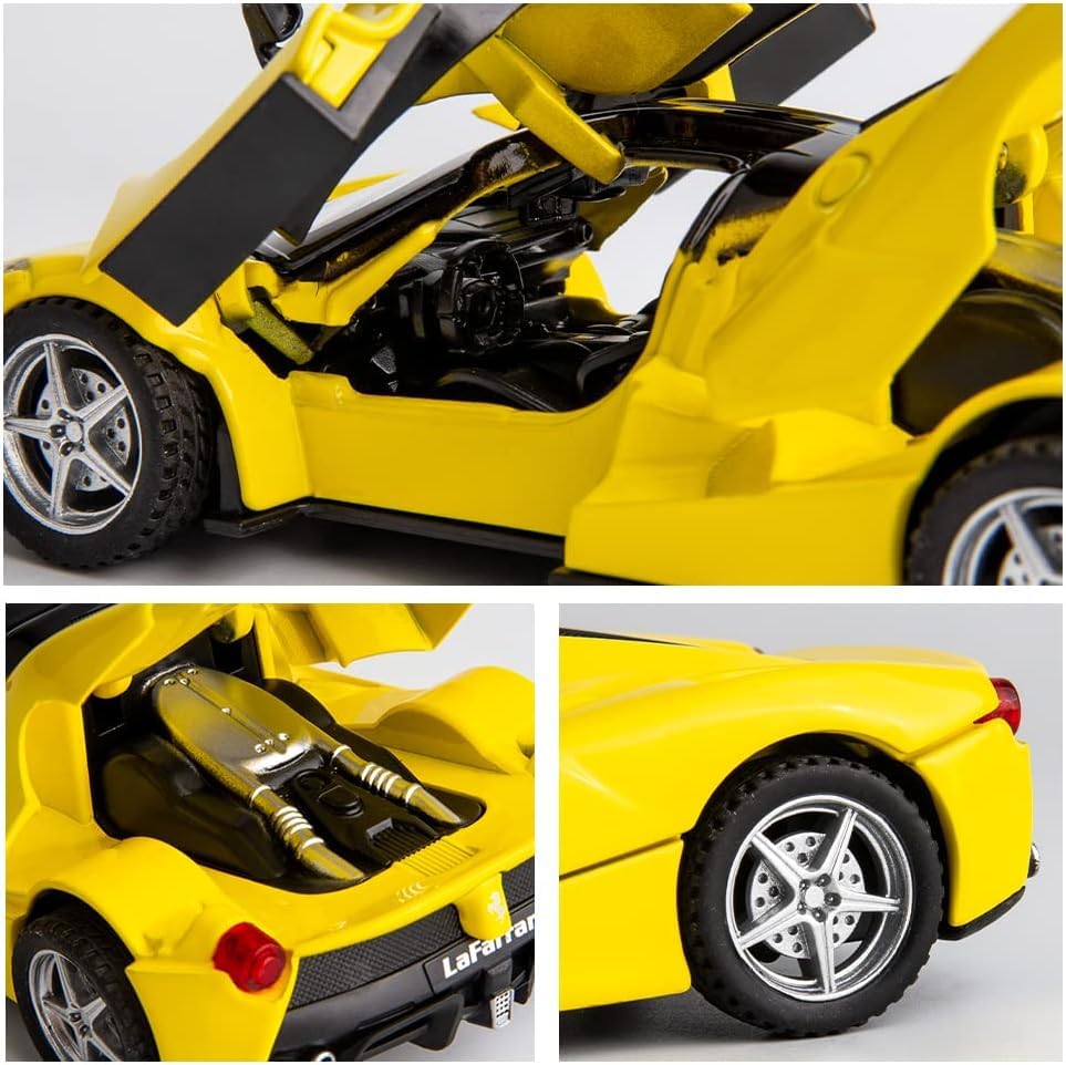 Image of 1 /32 Ferrari Race Model Car and LaFerrari Toy Car, Pull Back Vehicle Alloy Diecast Model, Openable Doors, Collectible Gift Cars for Kids (Yellow)
