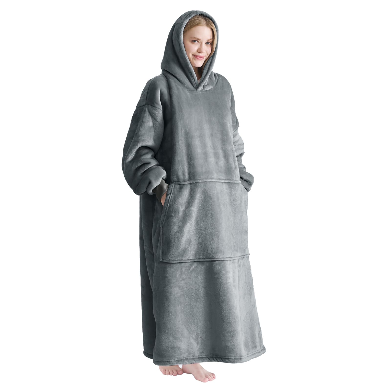 Good Nite Wearable Blanket Oversized Hoodie Blanket for Women & Men Sherpa Snuggle Blankets for Adults Fluffy Warm Hooded Throw with Pockets Grey (Grey