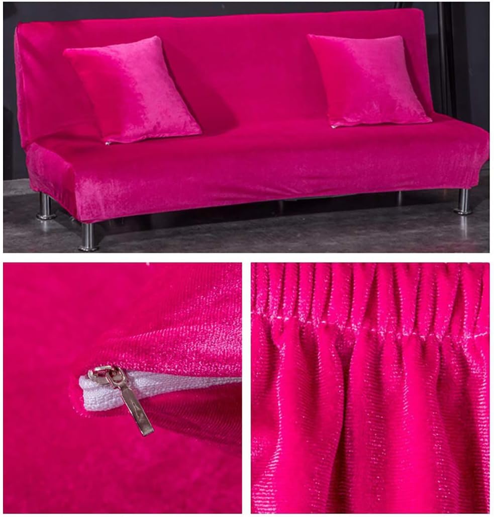 Folding Sofa Slipcover Stretch Armless Futon Couch Covers Plush Velvet Soft One Piece T Cushion Sleeper Bed Lounge Covers Removable Solid Color Hot Pink 160-190cm/62-74