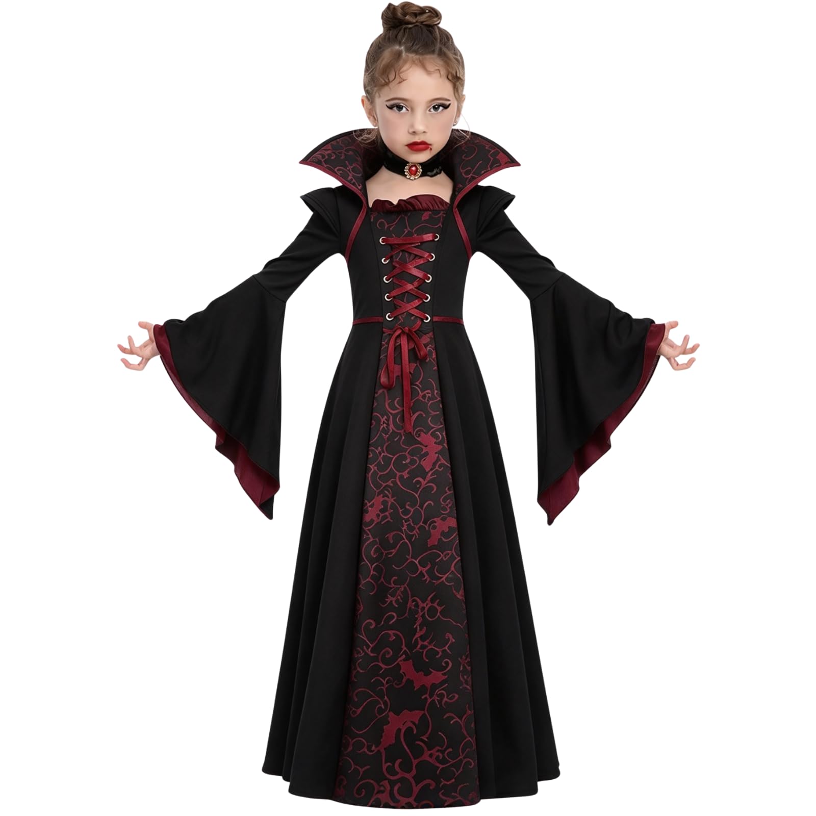 Vampire Costume Kids Girls Halloween Costumes Vampire Dress for Girls Halloween Fancy Dress Outfit Up Costume Gothic Flared Sleeves Black Red Gothic