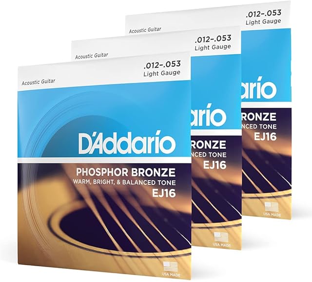 D'Addario Guitar Strings - Phosphor Bronze Acoustic Guitar Strings - EJ16-3D - Rich, Full Tonal Spectrum - For 6 String Guitars - Made in the USA - 12-53 Light, 3-Pack