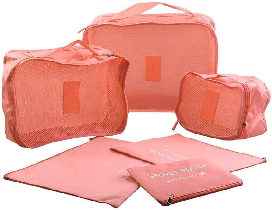 Sellus 6-Piece Multifunctional Water Resistant Mesh Clothing Storage Packing Cubes Set with Laundry Bag Organizer Pouch (Peach Pink, 40 X 30 X 12 cm)