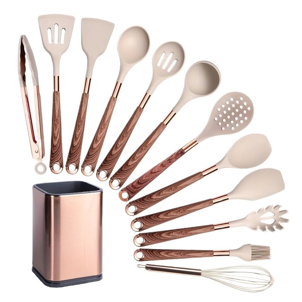 Küchenutensilien-Set aus Silikon, antihaftbeschichtet, mit vergoldetem Griff, BPA-frei, hitzebeständiges Pfannenwender-Set (Khaki)