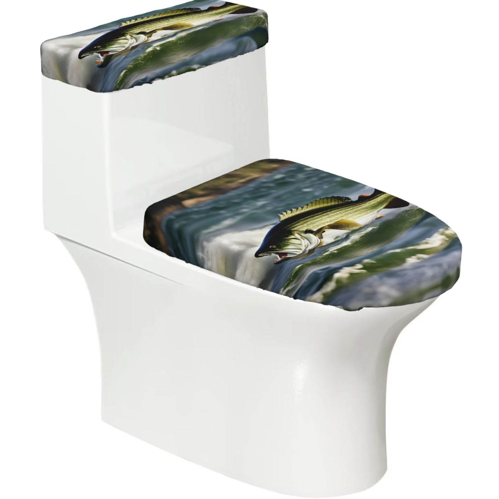 Bass Fishing Wave Printed Toilet Tank and Lid Cover Set of 2 for Most Bathrooms, Fits Elongated Round Toilets