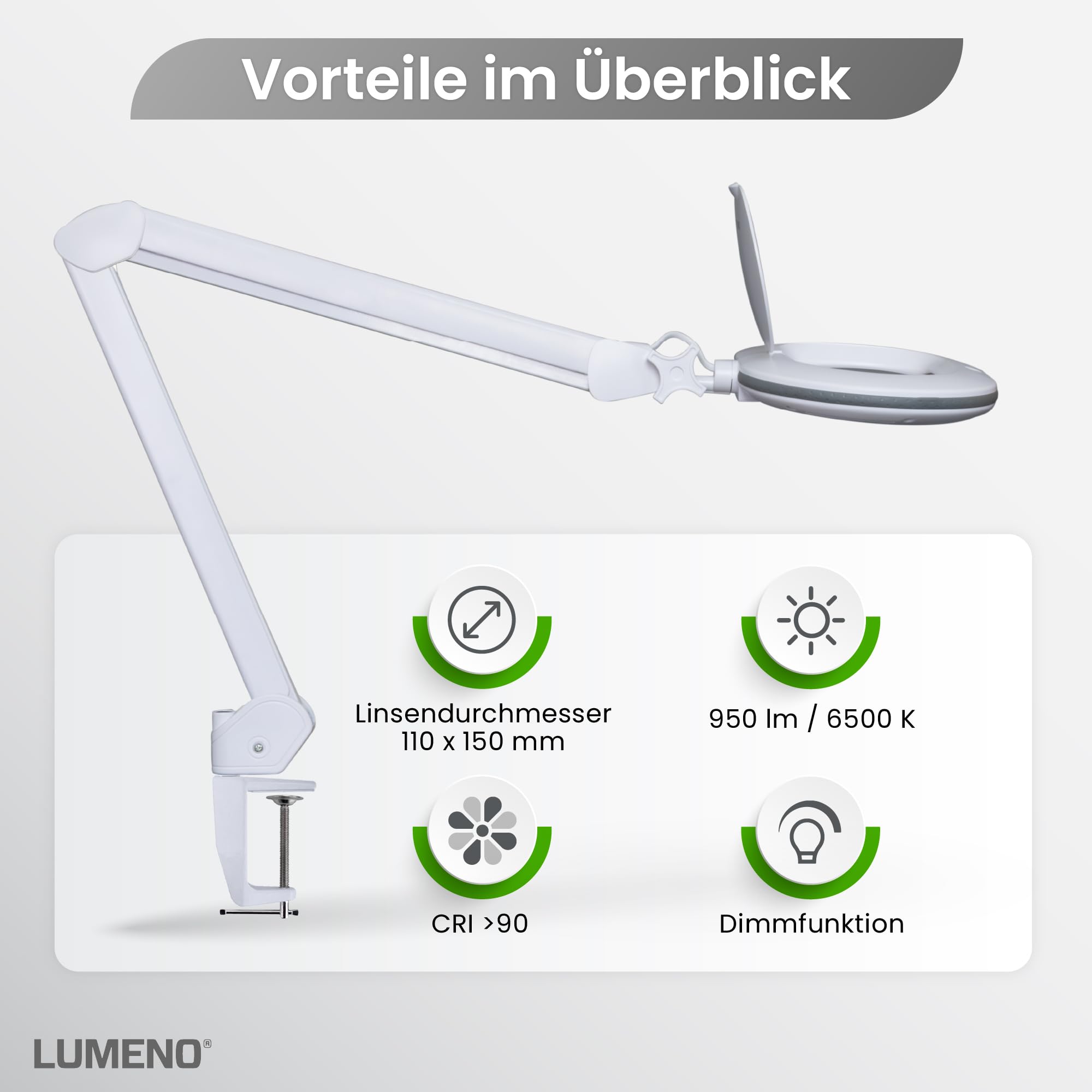 Lumeno 8615GR Lupenleuchte Arbeitsplatzlampe mit großer ovalen Linse 110x150 mm, 60 LEDs in 2 Stufen dimmbar, perfekt als Lesehilfe, für die Kosmetik oder zum Löten, 5 Dioptrien grau