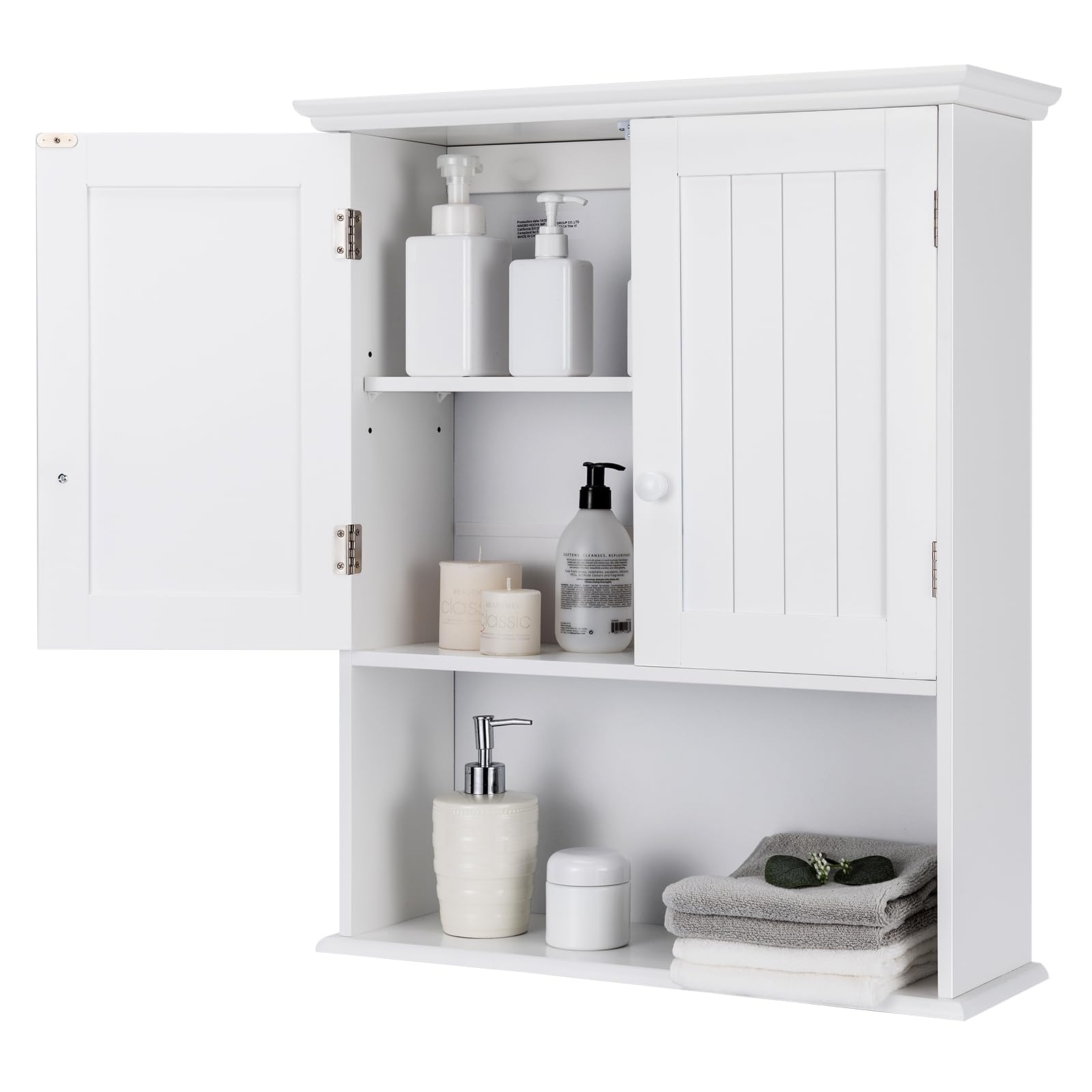 RELAX4LIFE Bathroom Wall Cabinet, Wooden Wall Mounted Storage Cupboard with Adjustable Shelf & Double Door, Modern Wall Storage Unit for Entryway Kitchen Living Room (White)