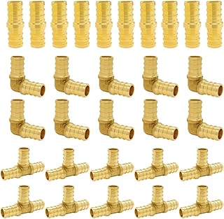 Hooshing 1/2 inch PEX Fittings, 30PCS PEX Fitting Combo 1/2 Inch PEX Straight Coupling (10PCS) 90 Degree Elbow (10PCS) PEX Tee (10PCS) Solid Brass Barb Crimp Pipe Hose Fittings