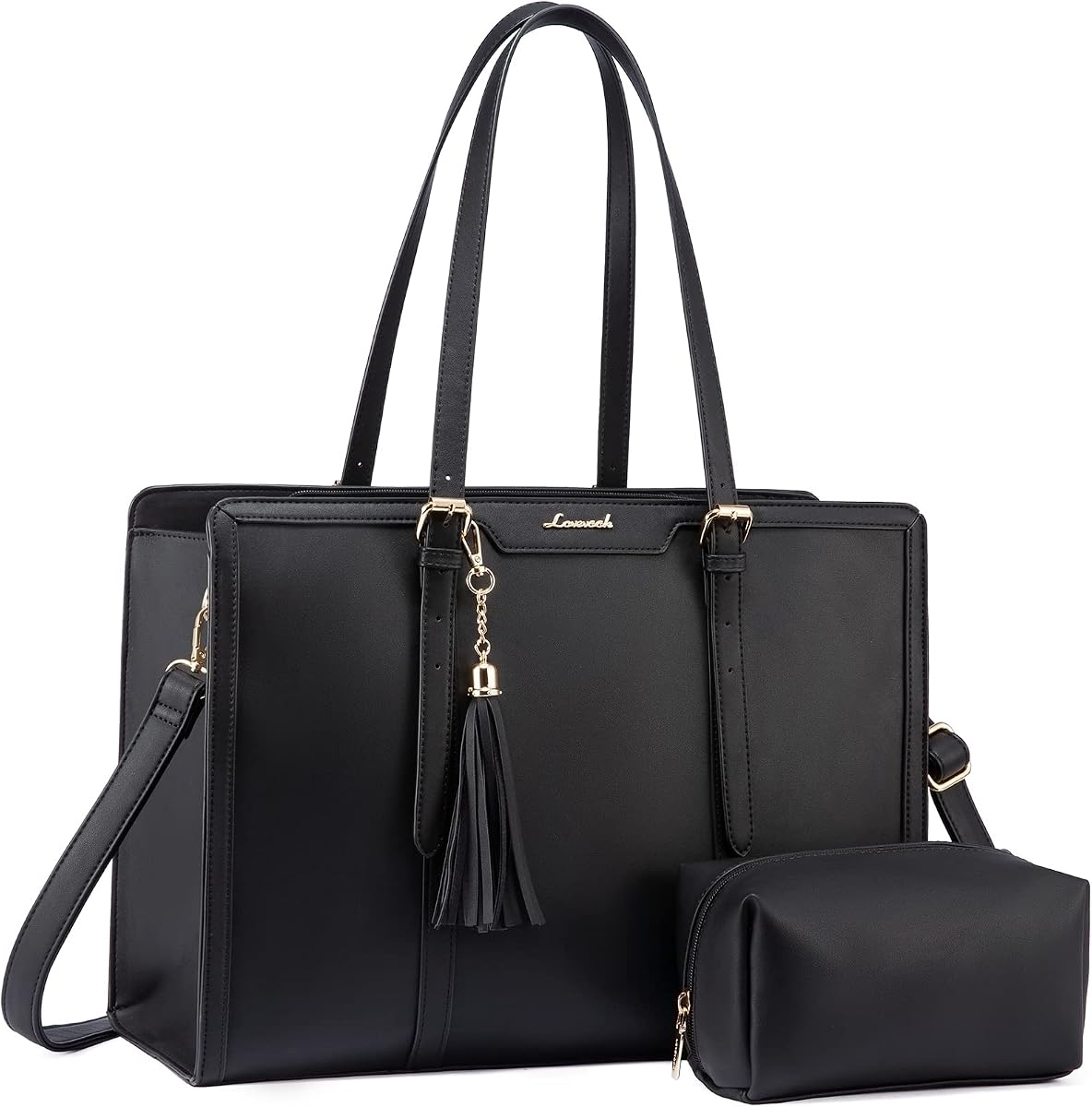 Bolso para computadora portátil para mujer Bolso de mano liviano para computadora portátil de PU de 15,6 pulgadas, bolso para computadora de gran capacidad con bolso de mano para negocios, trabajo, oficina, viajes, escuela, informal (negro y cuero)